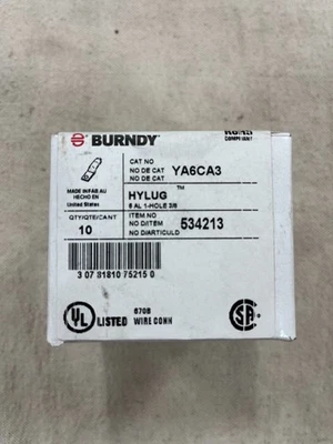 Box of (10) Burndy YA6CA3 #6 AL 1 Hole 3/8 Compression Lug - Image 1 of 3