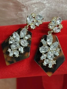 Clear Rhinestone Glass Pronged Chandelier Earrings Post Back Faux Tortoise 4134 - Picture 1 of 10