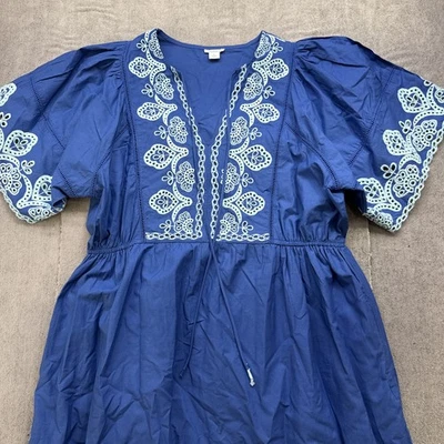 Vestido Sundance Azul Bordado Boho Midi Algodón Ojales Ribete Cuello en V Grande Foto 1 de 4
