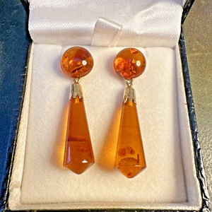 Vintage Hallmarked 375 9ct Solid Gold Natural Baltic Amber Dangle Drop Earrings - Picture 1 of 13