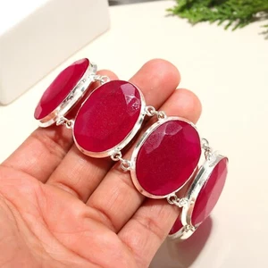 Lab Created Ruby Gemstone Handmade Jewelry 925 Sterling Silver Bracelet 7-8" - Picture 1 of 4