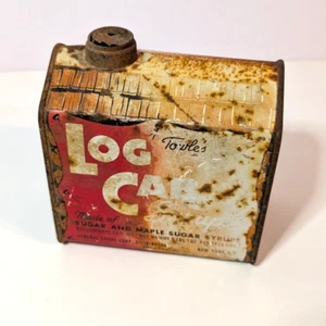 Antique Towle's Log Cabin Syrup Tin Can, Rustic Worn 1900s Minnesota Lodge Decor - Picture 1 of 10