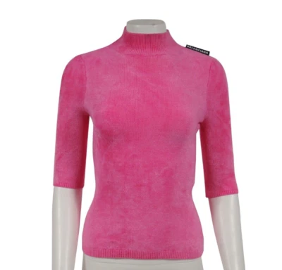 Balenciaga Women Turtleneck Sweater Small Pink Stretch Velvet Knit Short Sleeve - Image 1 of 4