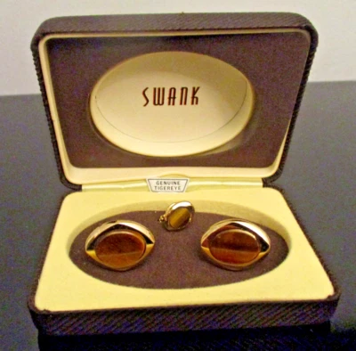 ¡Par de gemelos vintage clásicos ojos de tigre tono dorado para hombre caja de tachuelas! Foto 1 de 4