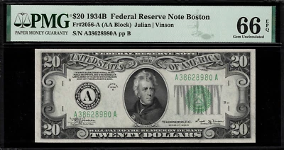 1934B $20 Federal Reserve Note Boston FR.2056-A - Graded PMG 66 EPQ - Gem Unc. - Image 1 of 2