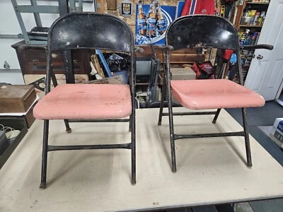 Vintage Metal Folding Chairs With Arms MCM Lot Of 2 Pink & Black Durham - Image 1 of 4