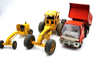 3pc Vtg TONKA USA Pressed Steel Construction Grader & Mini Dump Truck 1960s 1970 - Picture 1 of 15