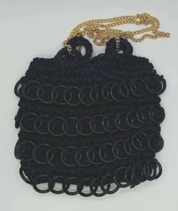 MACRAME CROCHET CROSSBODY PURSE BAG BOHO HIPPIE DARK NAVY BLUE VINTAGE - Picture 1 of 8