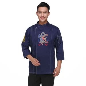Dragon Embroidery Chef Jacket Uniform Kitchen Short Sleeve Cook Restaurant Coat - Picture 1 of 31