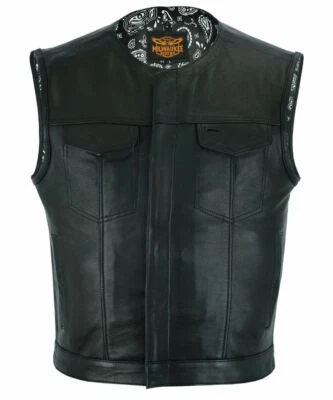 Mens Collarless Paisley Bandana Liner SOA Leather Vest exterior Gun Pocket Blk  - Image 1 of 4