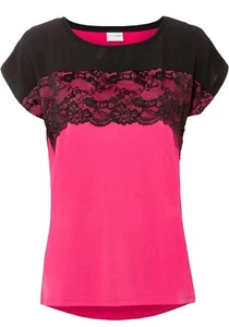 "bonprix collection" Gr. 40/42 Kurzarmshirt pink mit schwarzer Spitze neu ungetr - Bild 1 von 2