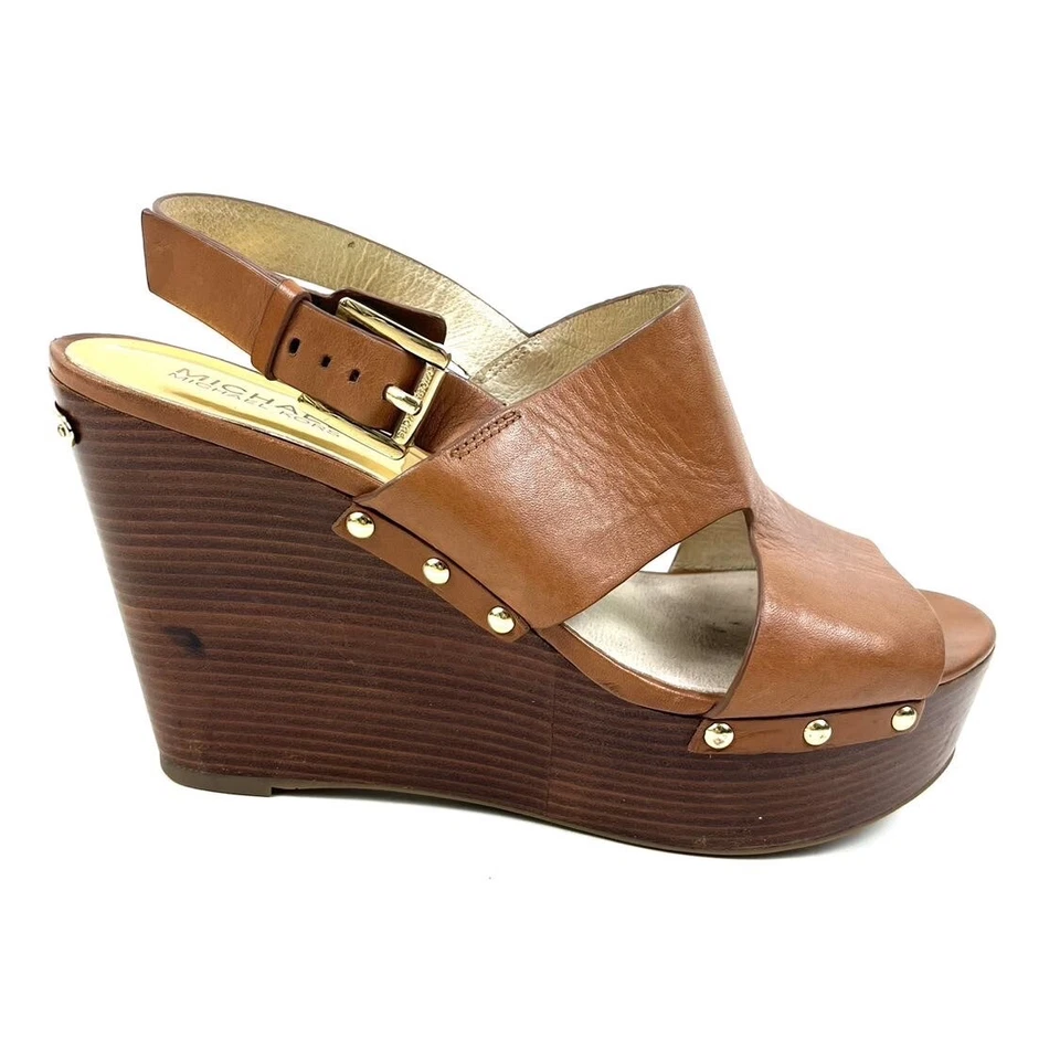 Sandalias de cuña Michael Kors Carina punta abierta marrón dorado PW14K talla 10M Foto 1 de 4