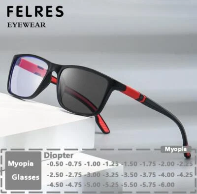 FELRES Men Square Photochromic Myopia Nearsighted Glasses Outdoor Driving Sunglasses