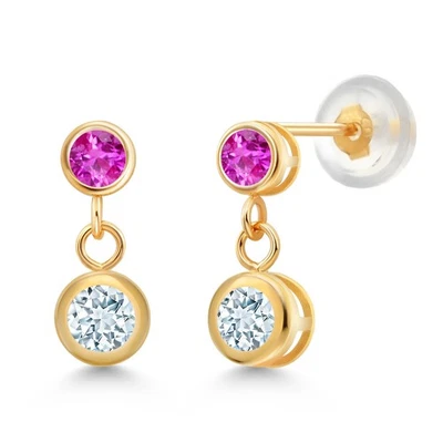Pendientes redondos de oro amarillo de 14K con zafiro rosa aguamarina azul cielo de 0,77 quilates Foto 1 de 4