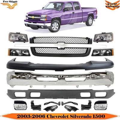 Front Bumper Chrome & Headlights Kit For 2003-2006 Chevrolet Silverado 1500 - Imagem 1 de 4
