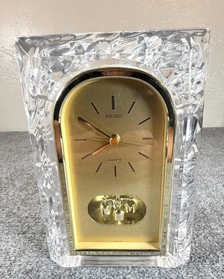 Vintage Seiko Mantel Clock Japan Quartz Ref 0Q2127A Heavy Glass Gold Face Decor - Image 1 of 4
