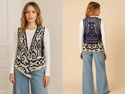 Chaleco Cárdigan Moth Anthropologie Púrpura Crema Tejido Crochet Encaje Espalda XS/S Boho Foto 1 de 4