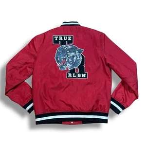Vintage Y2K True Religion Varsity Bomber Jacket Mens Red Black Embroidered Sz L - Picture 1 of 13