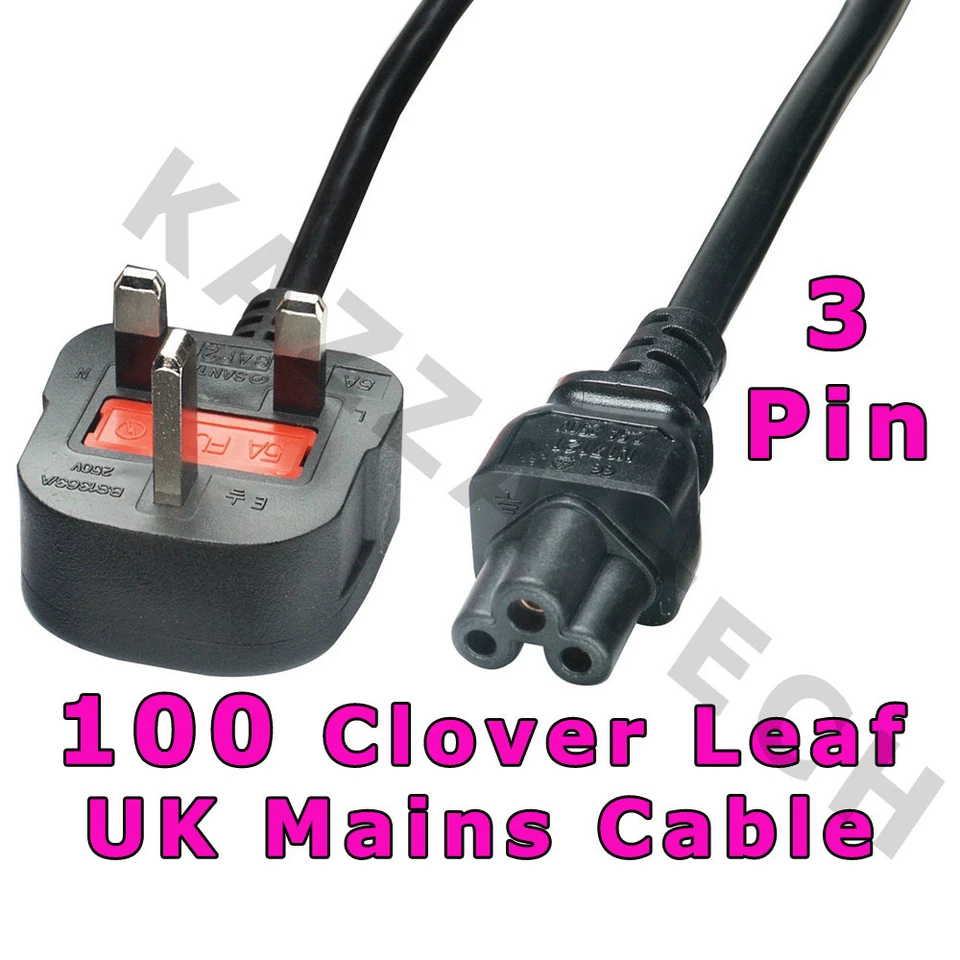 100 x Clover Leaf 3-Pin Power Cord Mains Cable Lead UK Plug!!! Laptop 5A FUSED - Image 1 of 1