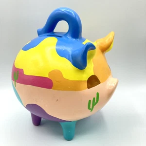 Vtg Mexico Folk Art Hand Painted Colorful Handled Pig Piggy Bank Ceramic Plaster - Picture 1 of 8