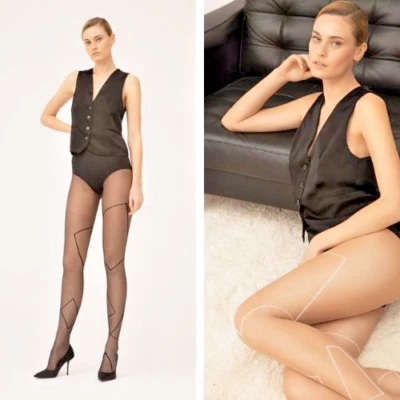 Fiore Square 20DEN Strumpfhose Schwarz & Nude S-M – Elegant & Gemustert Nylons - Bild 1 von 4
