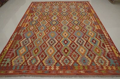 8x11英尺阿富汗红色手工编织几何羊毛边地毯 — 第 1/4 张图片