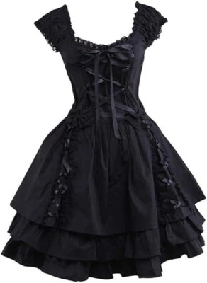 Vestido feminino clássico preto em camadas com cadarço gótico Lolita G - Imagem 1 de 4