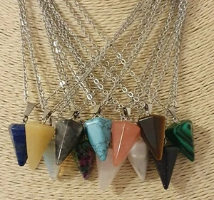 Hexagonal Cone Gemstone Pendulum Healing Quartz Crystal St Steel Chain Necklace - Picture 1 of 13
