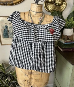 Ambiance White Black Plaid Gingham Ruffle Rose Embroidery Blouse Sz 2X Trendy - Picture 1 of 9