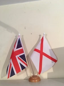 UNION JACK AND ST PATRICKS CROSS TWIN TABLE FLAG SET with WOODEN BASE 9"X6" FLAG - Picture 1 of 1