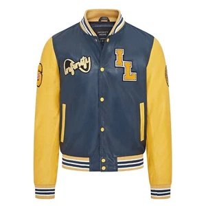 Mens Blue Yellow Baseball Leather Jacket Badges Varsity College Bomber Letterman - Picture 1 of 8