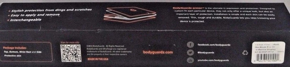 BodyGuardz Armadura de Fibra de Carbono, Recubrimiento Protector para Apple MacBook Pro Rojo 15 Pulgadas Foto 1 de 3