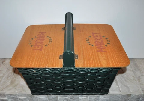 Vintage Large Green Wood Woven Picnic Basket Hand Painted "Sigel's Market Fresh" Cover