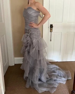 Vintage Gray Chiffon Strapless Floor Length Tiered Ball Gown Lace Up Back Small - Picture 1 of 7