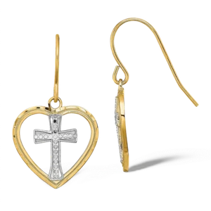 14K Solid Yellow Gold Cross Heart Dangle Earrings - Picture 1 of 4