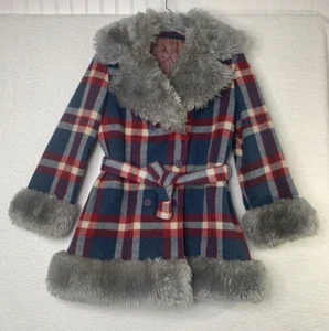 VTG Penny Lane Style Belted Coat Shearling Jacket Coat Blue plaid sz 11/12 ILGWU - Picture 1 of 7