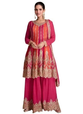 Women's Pink and Orange Color Traditional Chinon Embroidered Stitched - Image 1 of 4