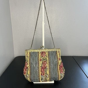 Vintage Christiana Blumen Perlen Gobelin Schultertasche Handtasche viktorianische Fee - Bild 1 von 16