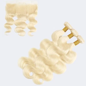 613 Human Hair Bundles + Frontal Closure 16, 18, 20 + 14in 16A Blonde Body Wave - Picture 1 of 12