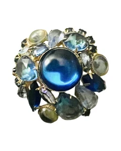 Broche prendedor vintage de flores redondas con pedrería de vidrio artístico cabujón azul Juliana - Imagen 1 de 8