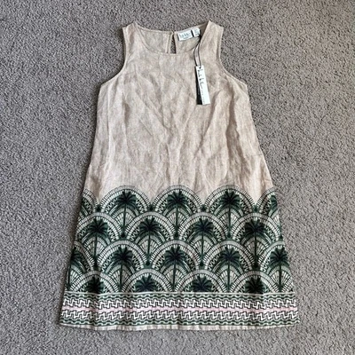 Nicole Miller New York Linen Sleeveless Taupe Green Patterned Dress Womens S - Image 1 of 4
