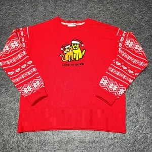 Life is Good Womens Christmas Dog Cat Santa Hat Fairisle Sleeve Sweater Small - Picture 1 of 8