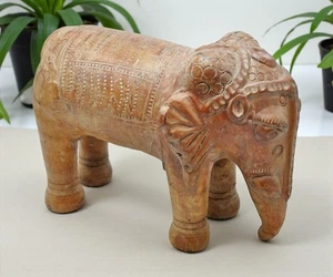Vintage Terracotta Pottery Elephant Figurine Hand Crafted Fine Painted - Picture 1 of 7