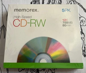 Memorex Rewritable High Speed CD-RW 12x 700MB/Mo 80 Min 5 Pack NEW, SEALED - Afbeelding 1 van 3