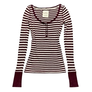 Y2K Vintage Hollister Fitted Henley Long Sleeve Top Striped Elena Gilbert Size M - Picture 1 of 13