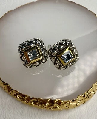 Pendientes de topacio azul Nancy & David de oro amarillo de 14 quilates de plata de ley 925 Foto 1 de 4