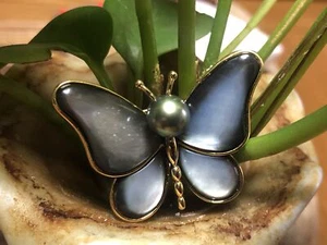 Elegante broche mariposa con caparazón natural con perla negra de Tahití en oro de 18 kgp - Imagen 1 de 7