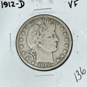 MEDIO DÓLAR DE PLATA BARBER 1912-D ~ EN MUY BUEN ESTADO ~ BONITA MONEDA~ - Imagen 1 de 2