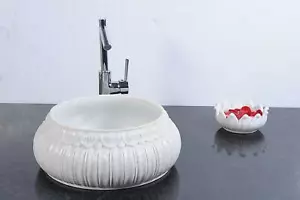 Rond Marbre Comptoir Haut Table Lavabo Décor Blanc Pierre Évier 40.6cm x - Picture 1 of 1