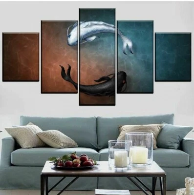 Póster de arte de pared con impresión en lienzo de peces koi blanco y negro de 5 piezas decoración del hogar Foto 1 de 4